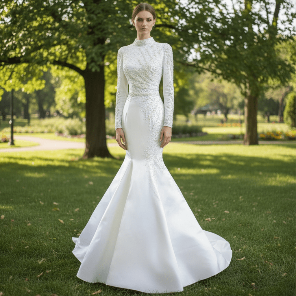Long Sleeve O-Neck Mermaid Wedding Dress with Detachable Skirt - Rosymae