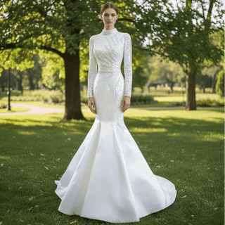 Long Sleeve O-Neck Mermaid Wedding Dress with Detachable Skirt - Rosymae