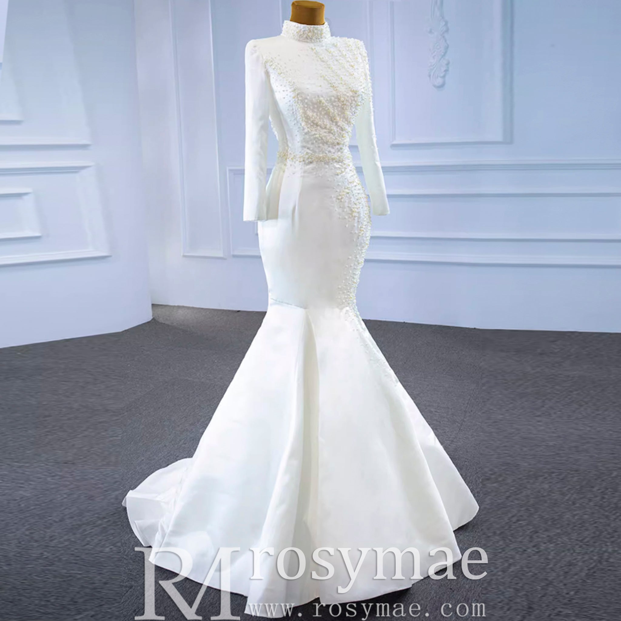 Long Sleeve O-Neck Mermaid Wedding Dress with Detachable Skirt - Rosymae
