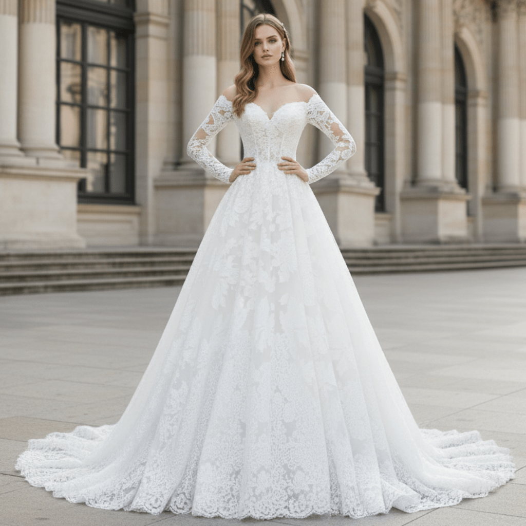 Long Sleeve Off Shoulder A-line Lace Bridal Gown Wedding Dress - Rosymae