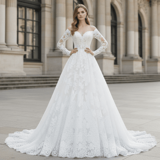 Long Sleeve Off Shoulder A-line Lace Bridal Gown Wedding Dress - Rosymae