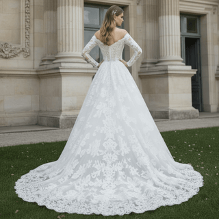 Long Sleeve Off Shoulder A-line Lace Bridal Gown Wedding Dress - Rosymae