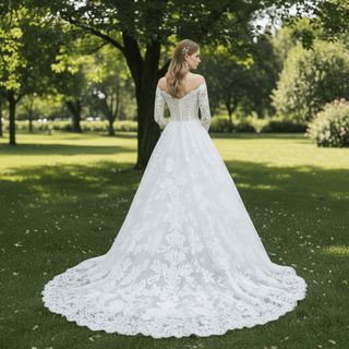 Long Sleeve Off Shoulder A-line Lace Bridal Gown Wedding Dress - Rosymae