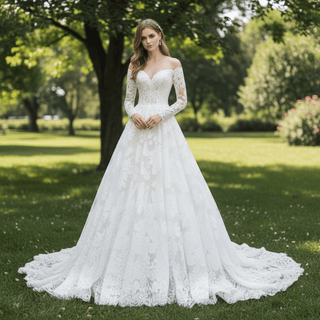 Long Sleeve Off Shoulder A-line Lace Bridal Gown Wedding Dress - Rosymae
