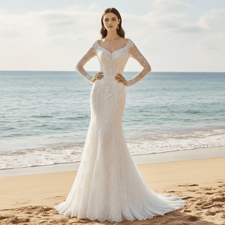 Long Sleeve Off Shoulder Keyhole Lace Wedding Dress Bridal Gown - Rosymae