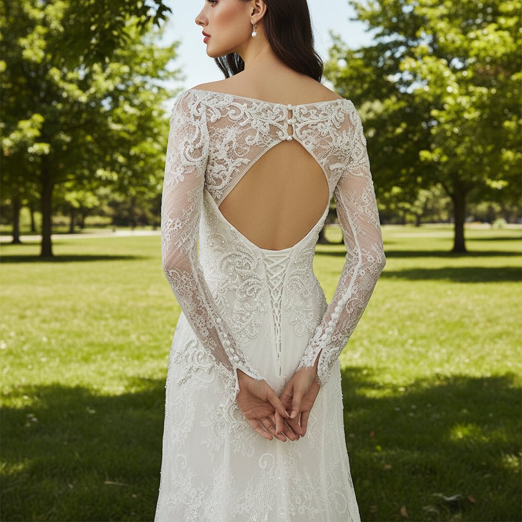 Long Sleeve Off Shoulder Keyhole Lace Wedding Dress Bridal Gown - Rosymae