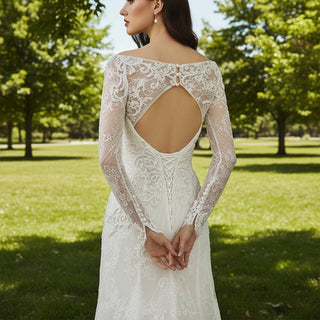 Long Sleeve Off Shoulder Keyhole Lace Wedding Dress Bridal Gown - Rosymae
