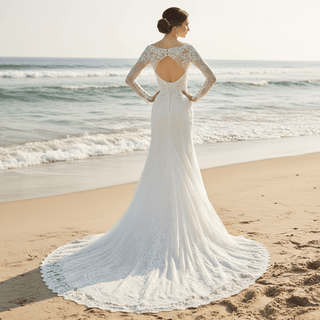Long Sleeve Off Shoulder Keyhole Lace Wedding Dress Bridal Gown - Rosymae