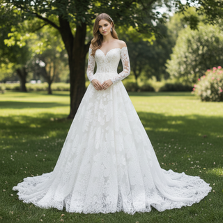 Long Sleeve Off Shoulder A-line Lace Bridal Gown Wedding Dress