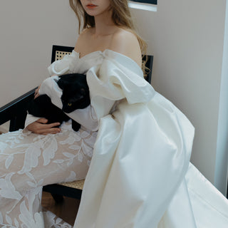 Satin & Lace Detachable Train Wedding Dress Long Sleeve