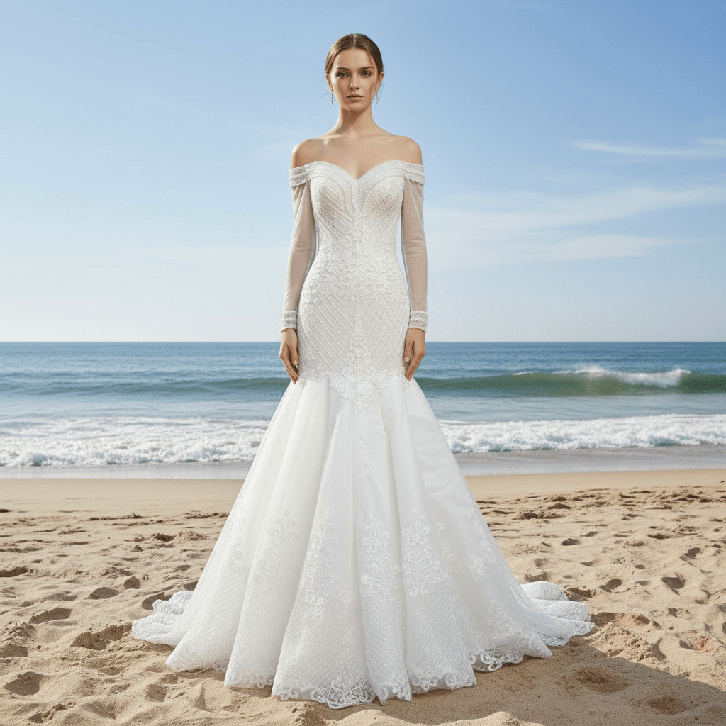 Long Sleeve Off the Shoulder Trumpet Wedding Dress Beaded Pearls - Rosymae