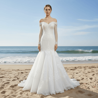 Long Sleeve Off the Shoulder Trumpet Wedding Dress Beaded Pearls - Rosymae