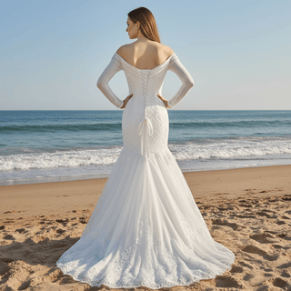 Long Sleeve Off the Shoulder Trumpet Wedding Dress Beaded Pearls - Rosymae