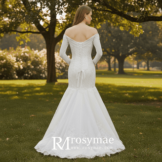 Long Sleeve Off the Shoulder Trumpet Wedding Dress Beaded Pearls - Rosymae