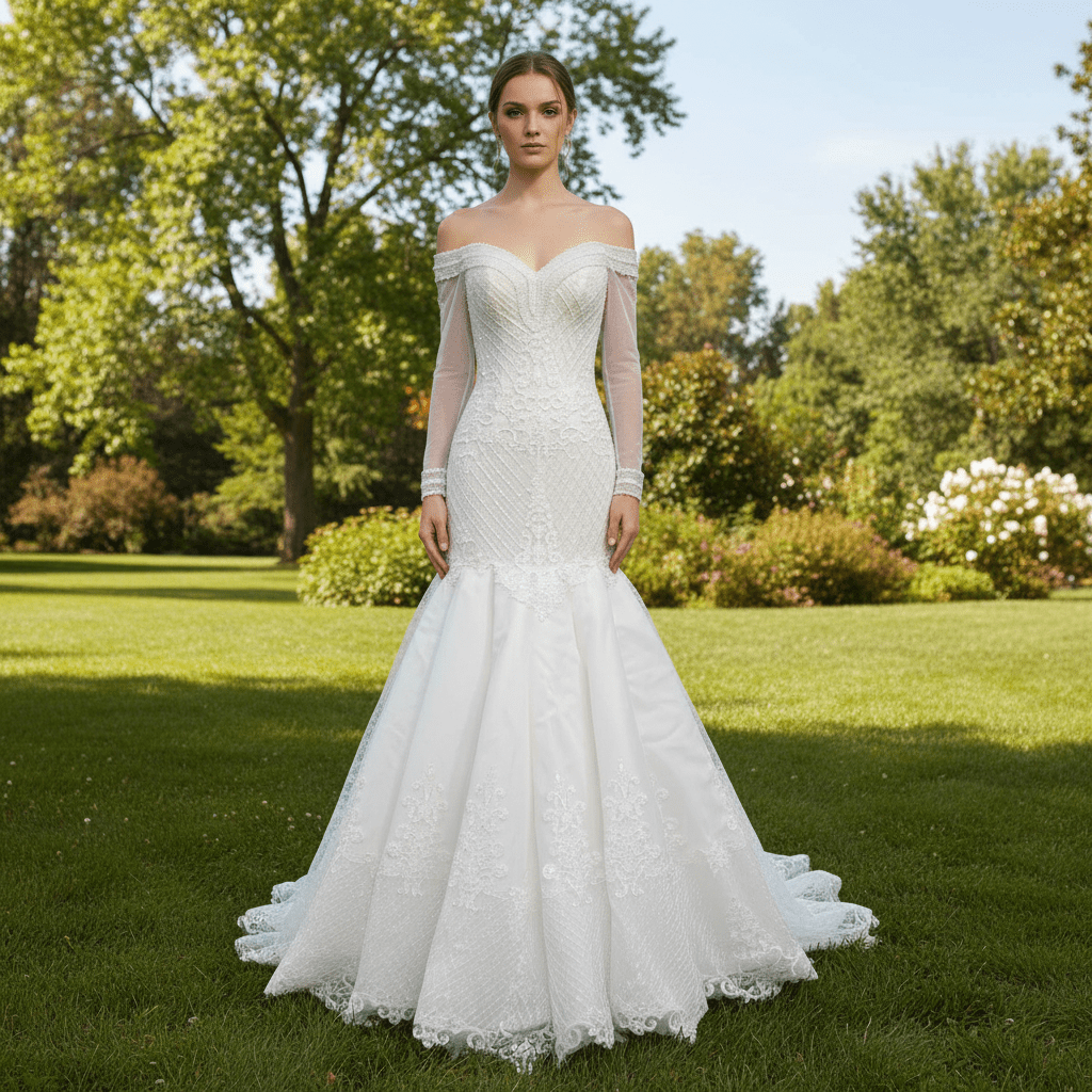 Long Sleeve Off the Shoulder Trumpet Wedding Dress Beaded Pearls - Rosymae