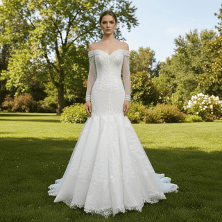 Long Sleeve Off the Shoulder Trumpet Wedding Dress Beaded Pearls - Rosymae