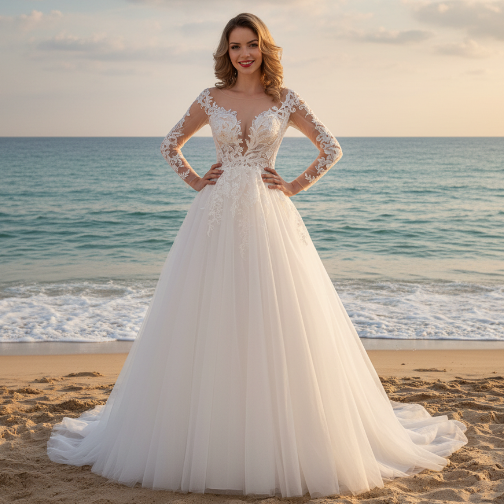 Ivory A-line Long Sleeve Tulle Wedding Dress Sheer Bodice Rosymae Ivory A-line Long Sleeve Tulle Wedding Dress Sheer Bodice Rosymae