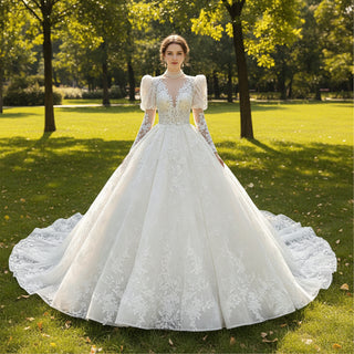 Sheer O-cuello Puffy Lantern Manga larga Vestidos de novia de encaje