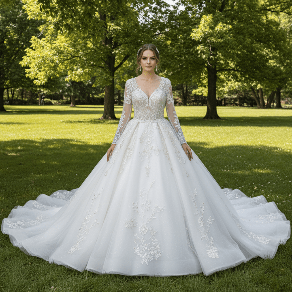 long sleeve queen anne neckline wedding dress Ball Gown Queen Anne Neck Long Sleeve Lace Tulle Bridal Dress
