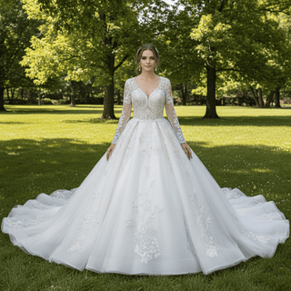 Long Sleeve Queen-ann Neckline Wedding Dresses with Keyhole - Rosymae