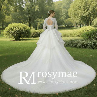 Long Sleeve Queen-ann Neckline Wedding Dresses with Keyhole - Rosymae