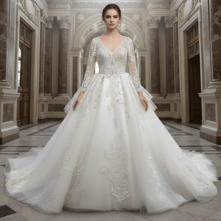 Long Sleeve Queen-ann Neckline Wedding Dresses with Keyhole - Rosymae