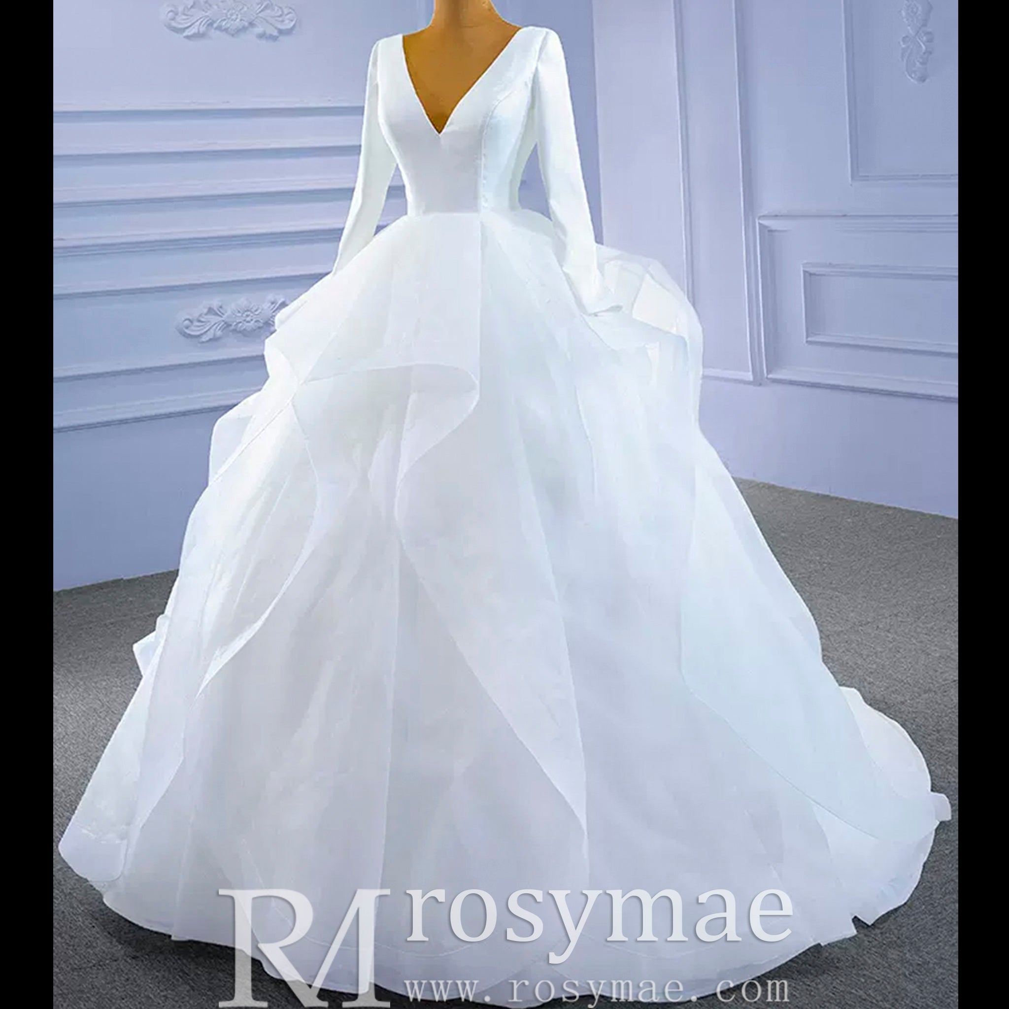 Long Sleeve Ruffled V-neck Ball Gown Tulle Wedding Dress - Rosymae