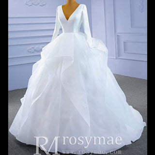 Long Sleeve Ruffled V-neck Ball Gown Tulle Wedding Dress - Rosymae