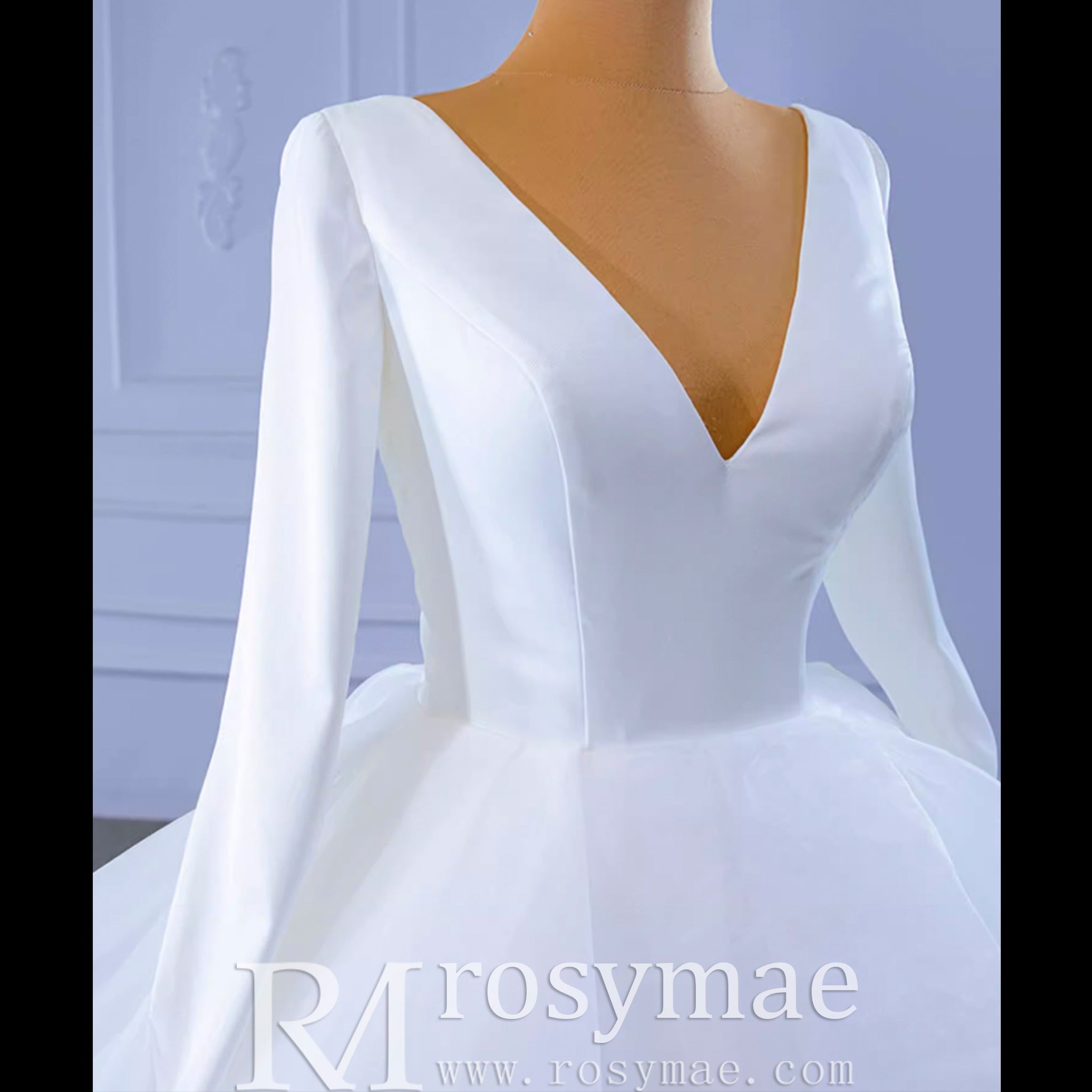 Long Sleeve Ruffled V-neck Ball Gown Tulle Wedding Dress - Rosymae