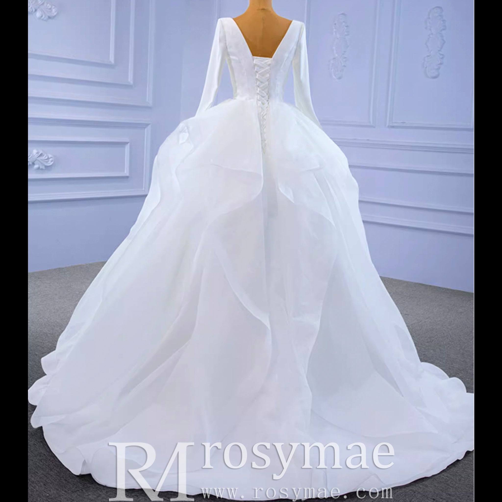 Long Sleeve Ruffled V-neck Ball Gown Tulle Wedding Dress - Rosymae