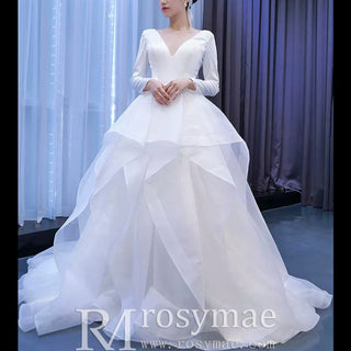 Long Sleeve Ruffled V-neck Ball Gown Tulle Wedding Dress - Rosymae