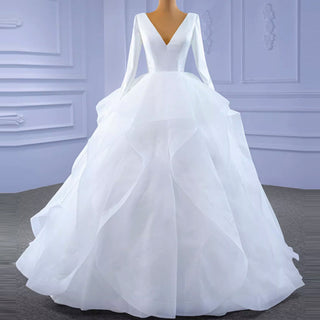 Long Sleeve Ruffled V-neck Ball Gown Tulle Wedding Dress - Rosymae