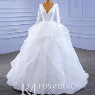 Long Sleeve Ruffled V-neck Ball Gown Tulle Wedding Dress - Rosymae