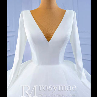 Long Sleeve Ruffled V-neck Ball Gown Tulle Wedding Dress - Rosymae