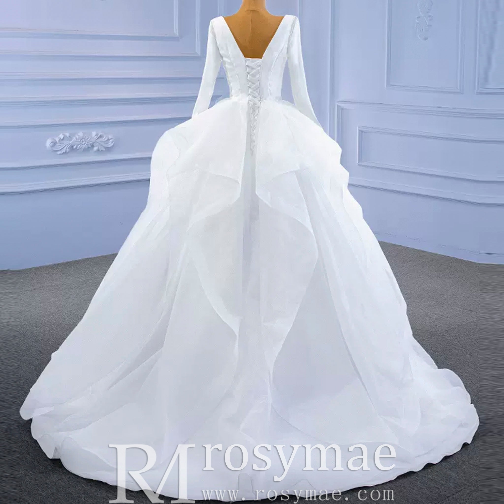 Long Sleeve Ruffled V-neck Ball Gown Tulle Wedding Dress - Rosymae