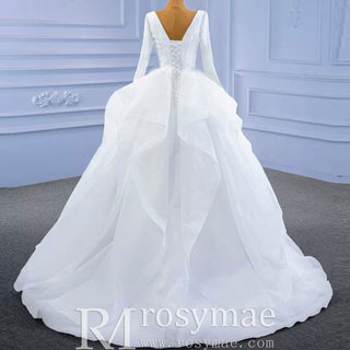 Long Sleeve Ruffled V-neck Ball Gown Tulle Wedding Dress - Rosymae