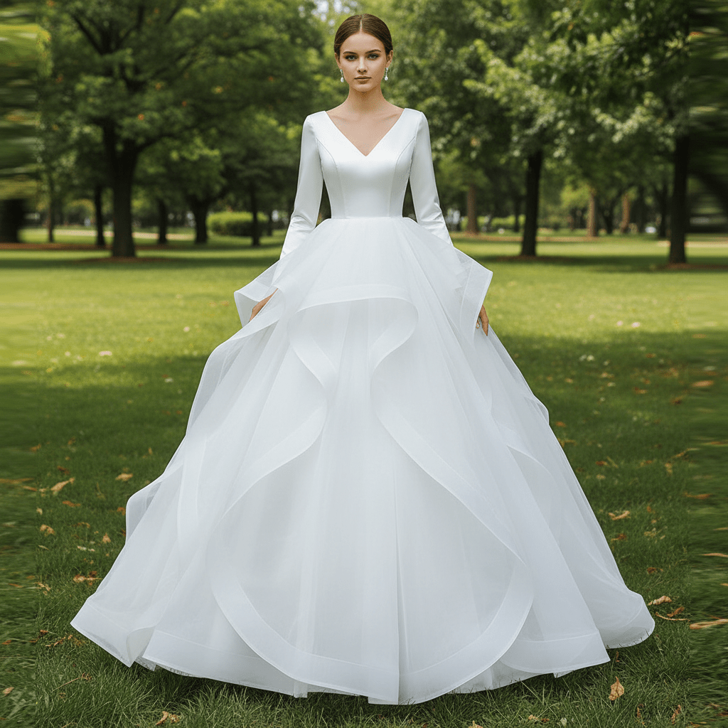 Long Sleeve Ruffled V-neck Ball Gown Tulle Wedding Dress - Rosymae