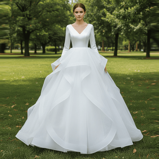 Long Sleeve Ruffled V-neck Ball Gown Tulle Wedding Dress - Rosymae