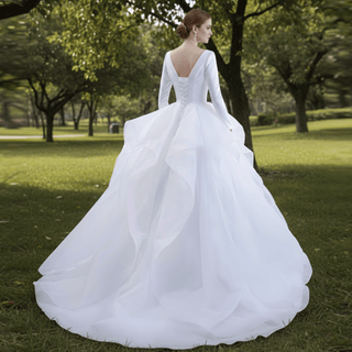 Long Sleeve Ruffled V-neck Ball Gown Tulle Wedding Dress - Rosymae