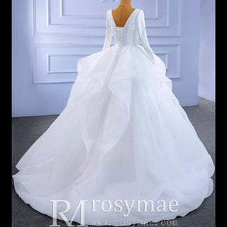 Long Sleeve Ruffled V-neck Ball Gown Tulle Wedding Dress - Rosymae