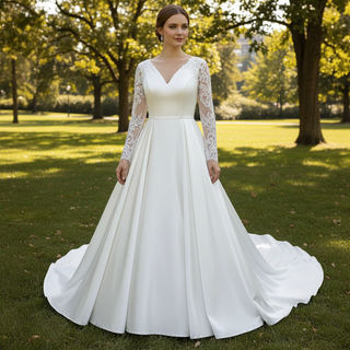 Gorgeous A-line Satin Wedding Dress with Long Sheer Sleeves