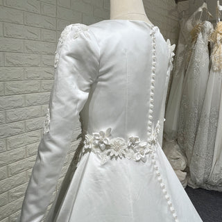 A-line Satin 3D Petals Wedding Dresses with Long Sleeve