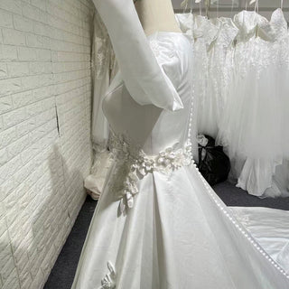 A-line Satin 3D Petals Wedding Dresses with Long Sleeve