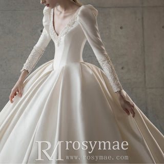Sexy Double V Satin A-line Wedding Dress Bridal Gown with Long Sleeve