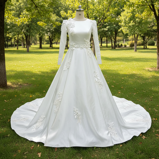 Elegant A-line Satin 3D Petals Wedding Dresses with Long Sleeve
