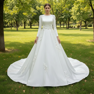 Elegant A-line Satin 3D Petals Wedding Dresses with Long Sleeve