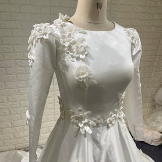 A-line Satin 3D Petals Wedding Dresses with Long Sleeve