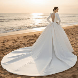 Long Sleeve Satin Wedding Dresses with Deep V Neckline - Rosymae