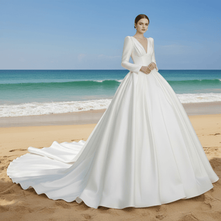 Long Sleeve Satin Wedding Dresses with Deep V Neckline - Rosymae