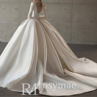 Sexy Double V Satin A-line Wedding Dress Bridal Gown with Long Sleeve
